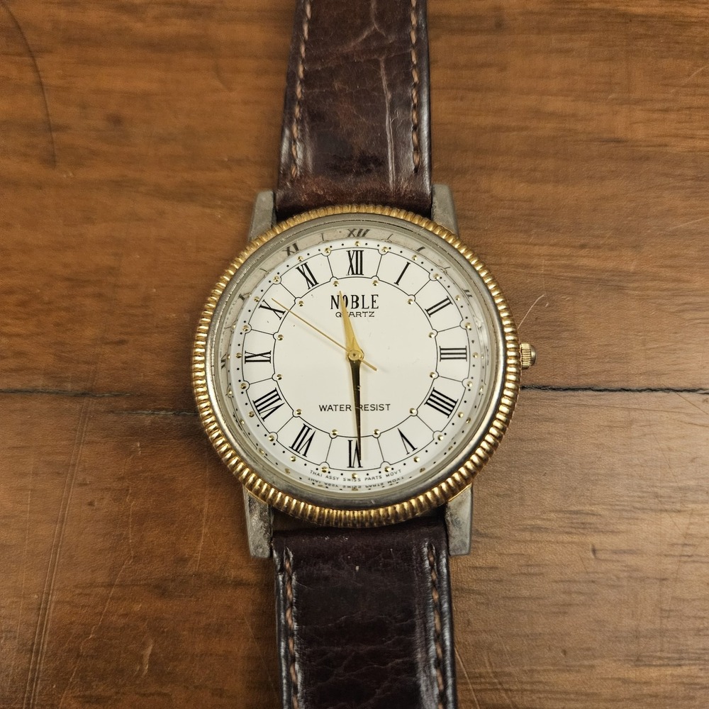 Noble Womens Silver And Gold Tone Leather Band Analog Quartz Watch Needs Battery